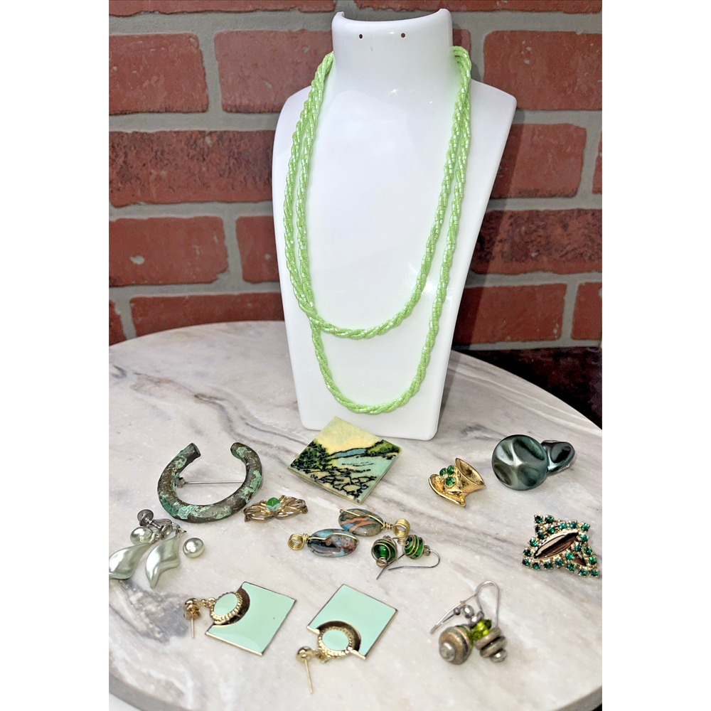 Jewelry Lot, Nolan Miller Green Vtg Brooch, Horseshoe, Herrick, Mint Enamel Earr